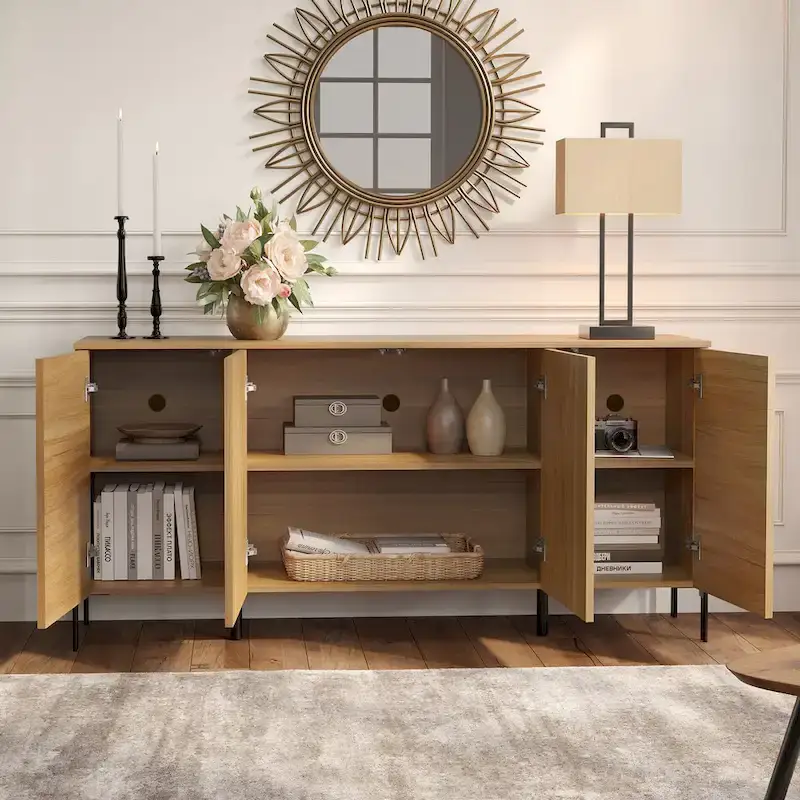 4-Piece Bedroom Furniture Set, 47 Fluted 6 Drawer Dresser, 61 Buffet Sideboard, 2 Nightstand with Charging Station, Oak