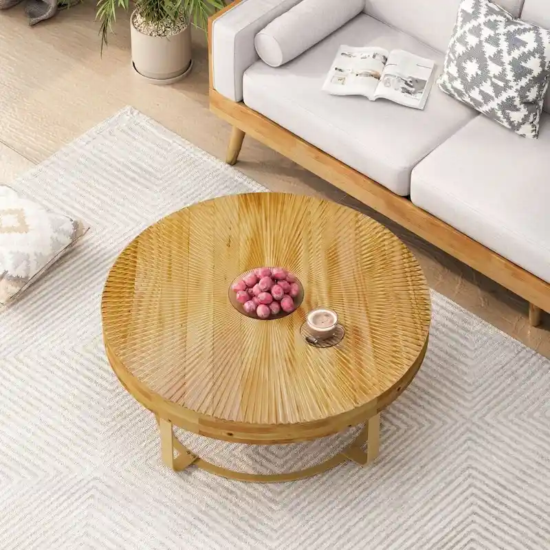 Modern Round Wooden Carving Pattern Coffee Table