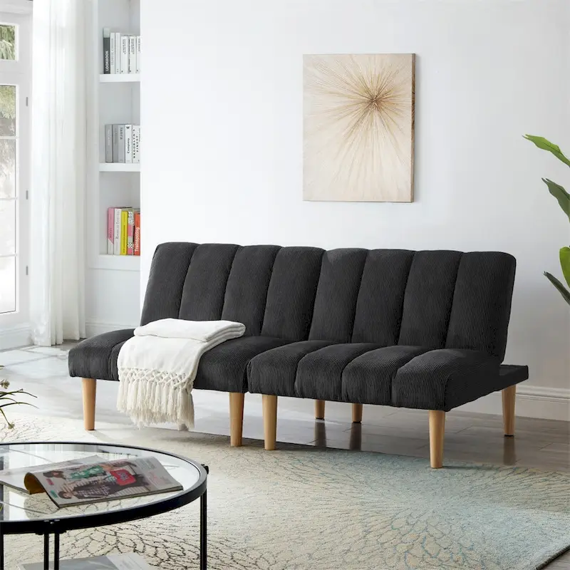 Corduroy Fabric Wooden Legs Convertible Sofa Bed