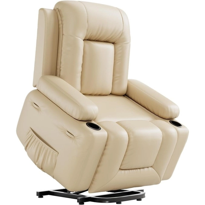Power lift recliner chair with massage, cup holders, and side pocket.