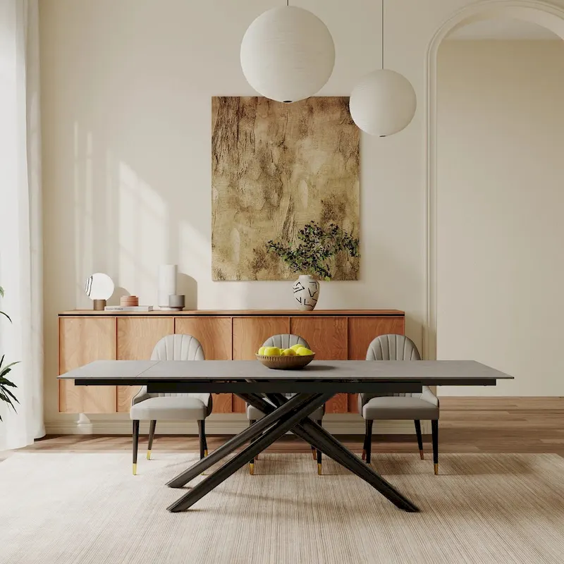 9 - Piece Extendable Rectangular Sintered Stone Cross Legs Dining Set With 8 Chairs