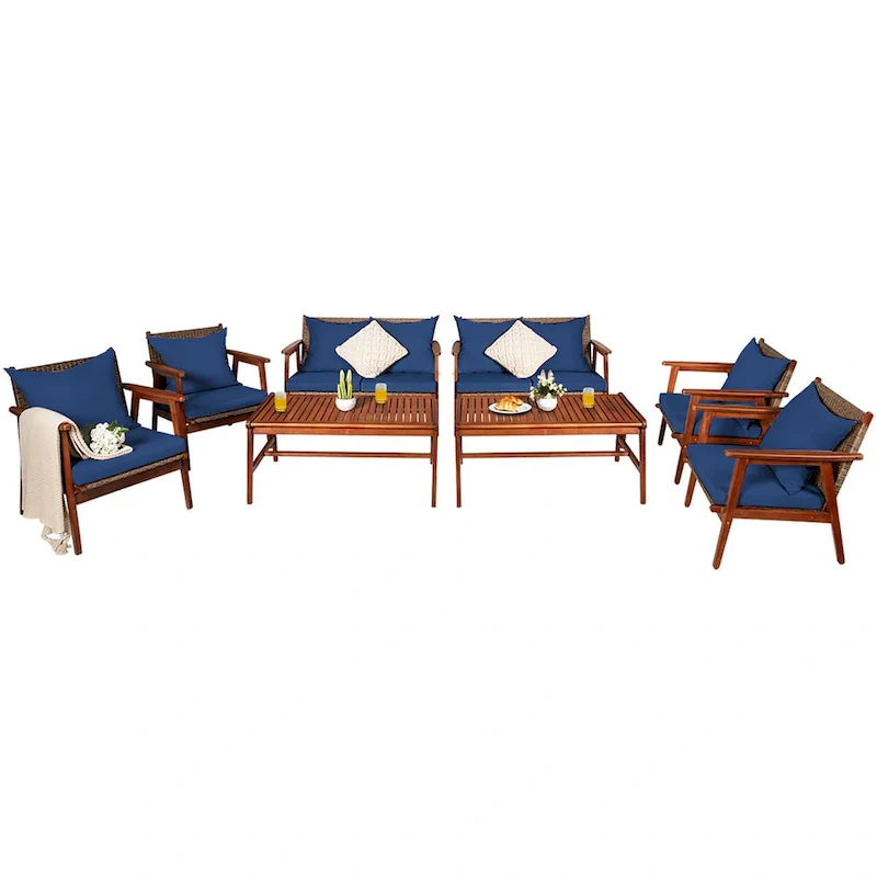 Costway 8PCS Patio Rattan Furniture Set Acacia Wood Frame Cushioned