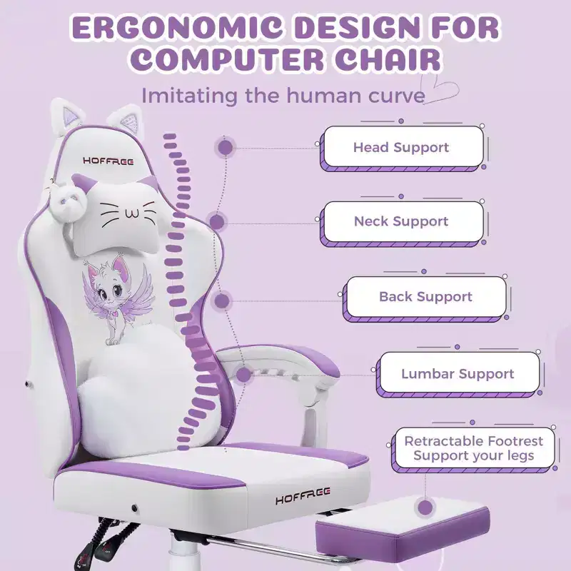 Hoffree Cute Pink Gaming Chair Girls Ergonomic Desk Chair with Footrest & Massage Lumbar