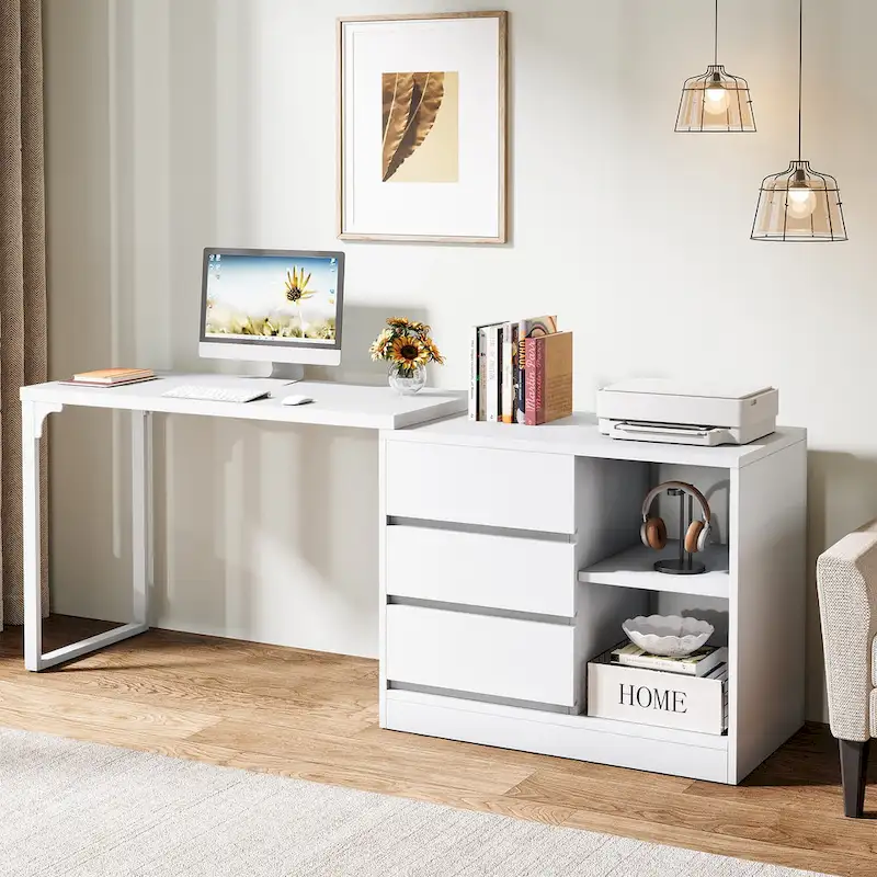 Versatile L-shaped White Computer Desk with Drawers and Shelves