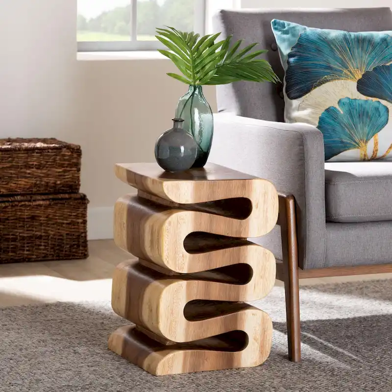 Eliada Hand-carved Suar Wood Side Table - Wavy Sculptural Accent Table, Modern Boho Style for Living Room or Bedroom