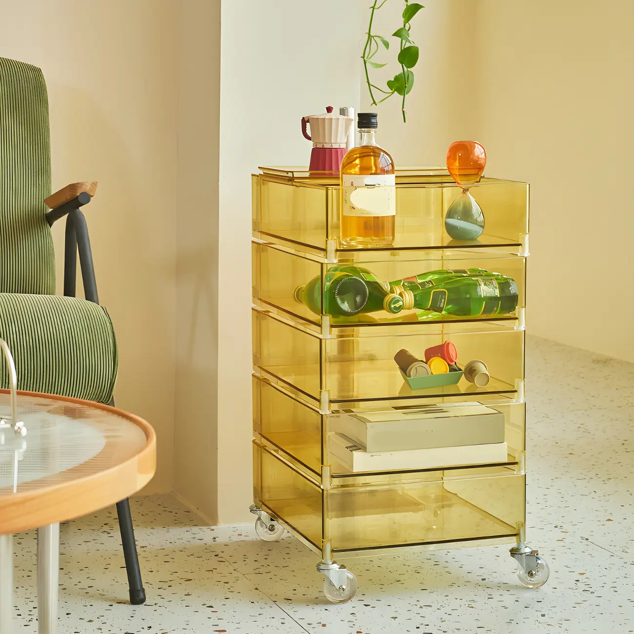 Vibrant Yellow Transparent Nightstand with Drawers and Wheels