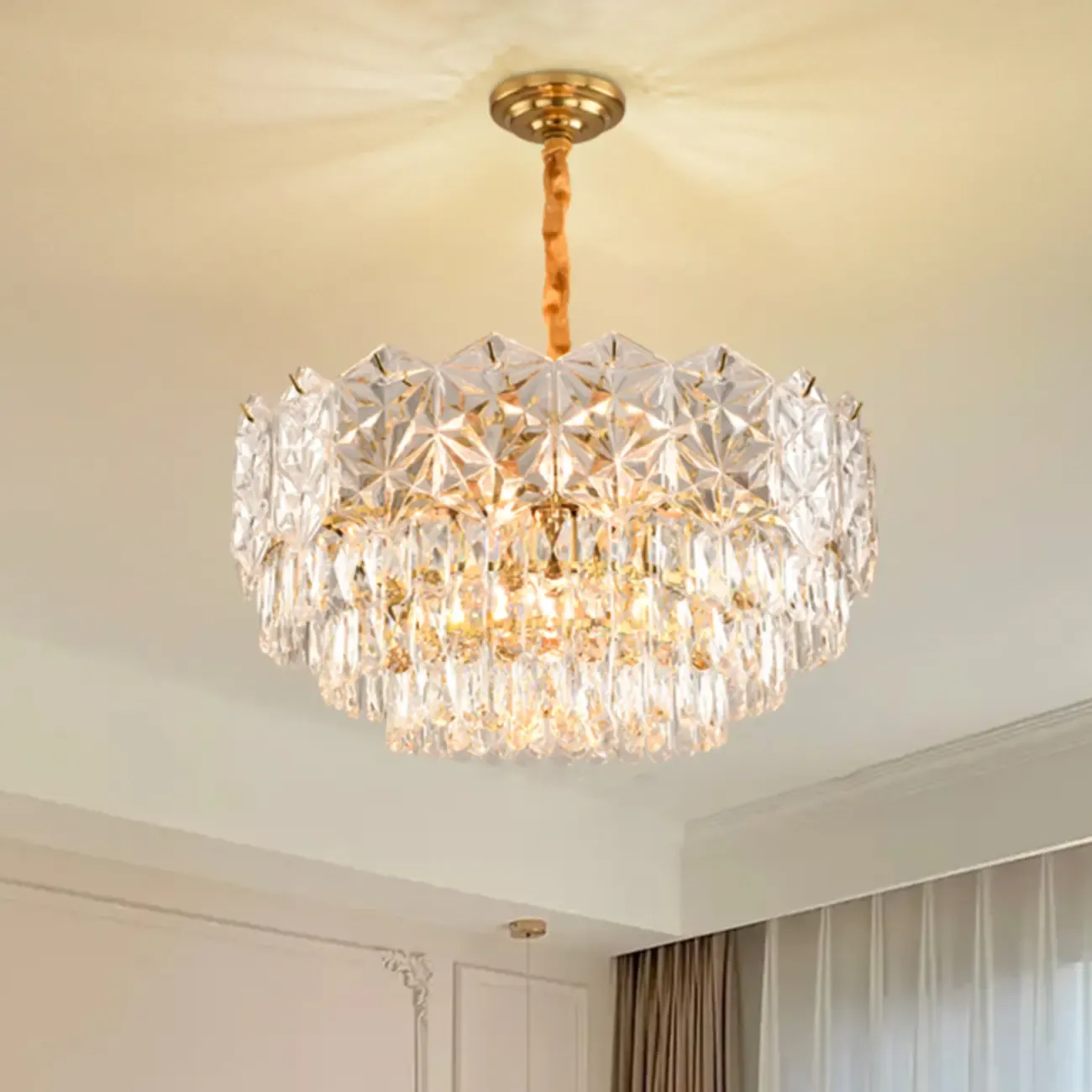 Modern Tier Gold Crystal Drum Chandelier Height Adjustable
