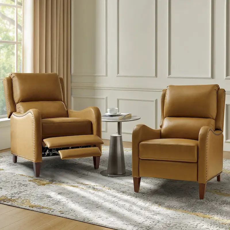 Brigida Modern Genuine Leather Nailhead Trim Recliner with Adjustable Footrest Set of 2 by HULALA HOME