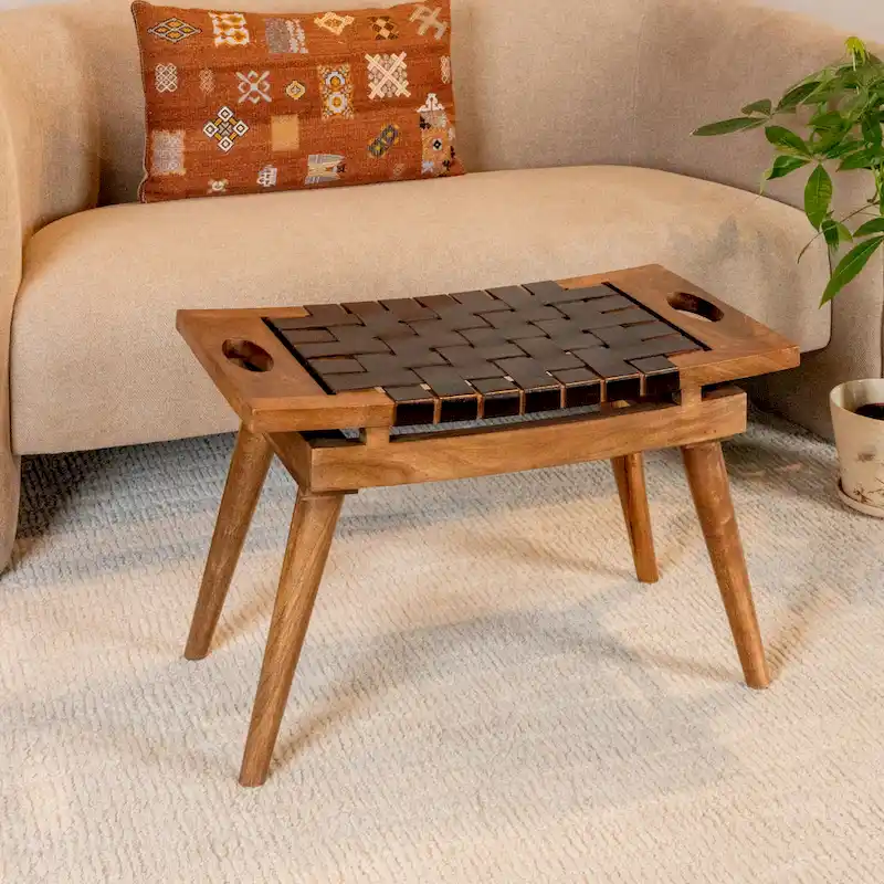 Mango Wood Stool with Woven Leather Top – Brown / Black & Natural, Single Seat