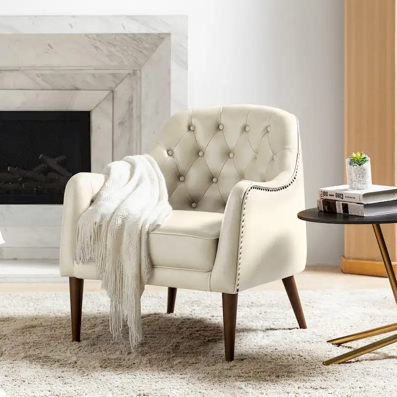 Melisa Classic Genuine Leather Wood Legs Barrel Chair With Tufted Back Set Of 2 By HULALA HOME