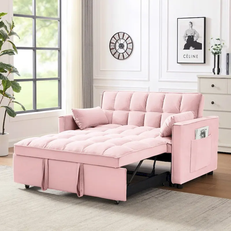 3 in 1 Convertible Velvet Sofa Couch w/Pullout Bed and Reclining Backres