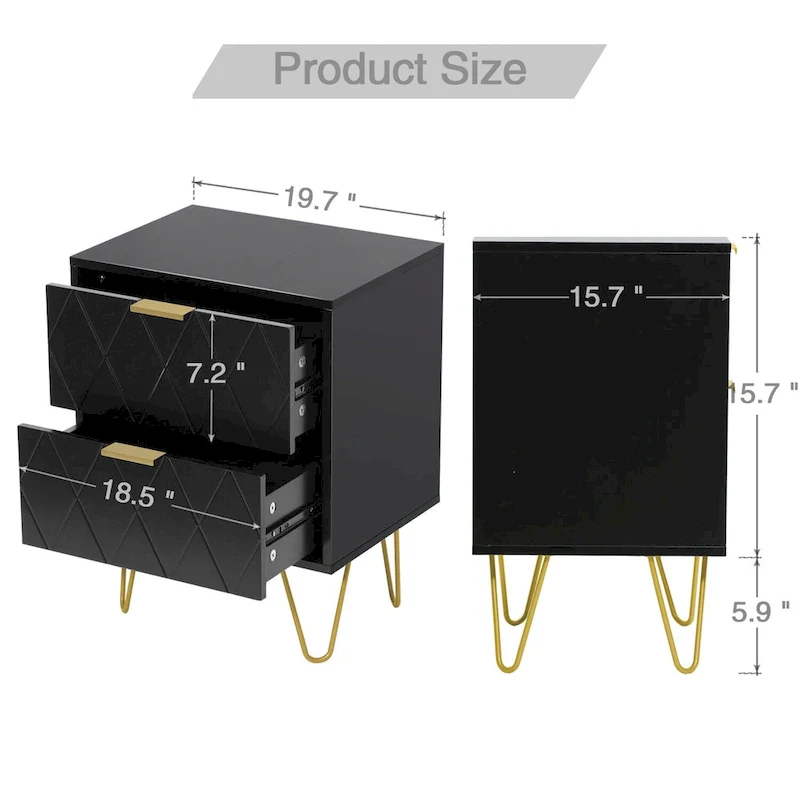 Set of 2 Nightstand 2 Drawer End Side Table Bedside Metal Legs Modern Bedroom Living Room