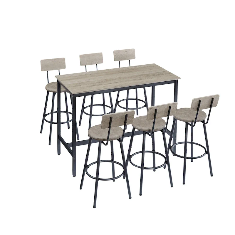 Rustic Style 7-Piece Dining Set with Rectangular Table and PU Leather Bar Chairs