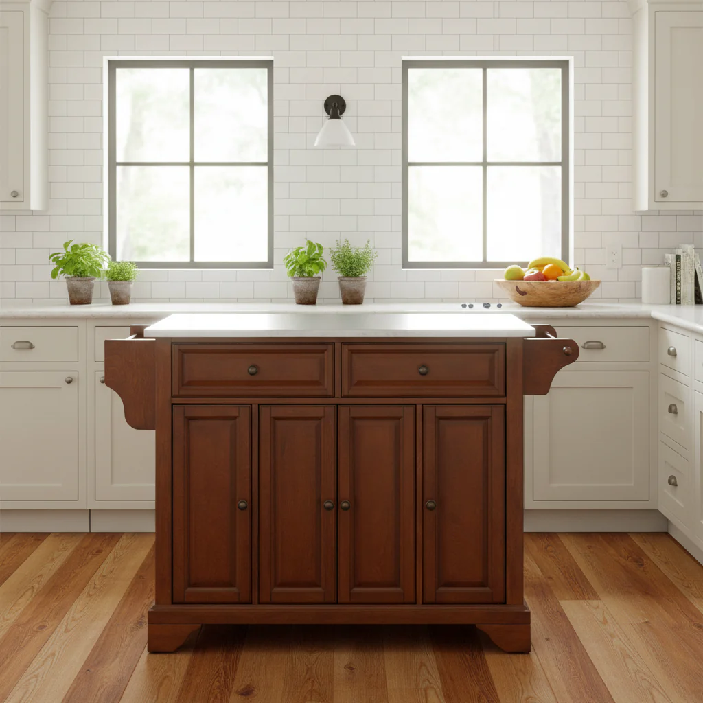 Stainless Steel Countertop Kitchen Island (Classic Cherry Finish) — W 51.5 x D 18 x H 36