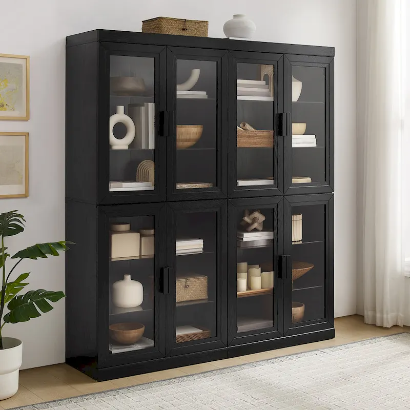 2Pc Glass Door Kitchen Pantry Storage Cabinet Set