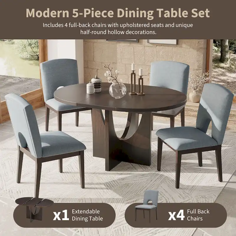 5-Piece Round Extendable Dining Table Set with Upholstered Chairs