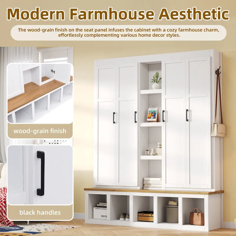 Farmhouse-Style 4-in-1 Hall Tree with Mudroom Bench