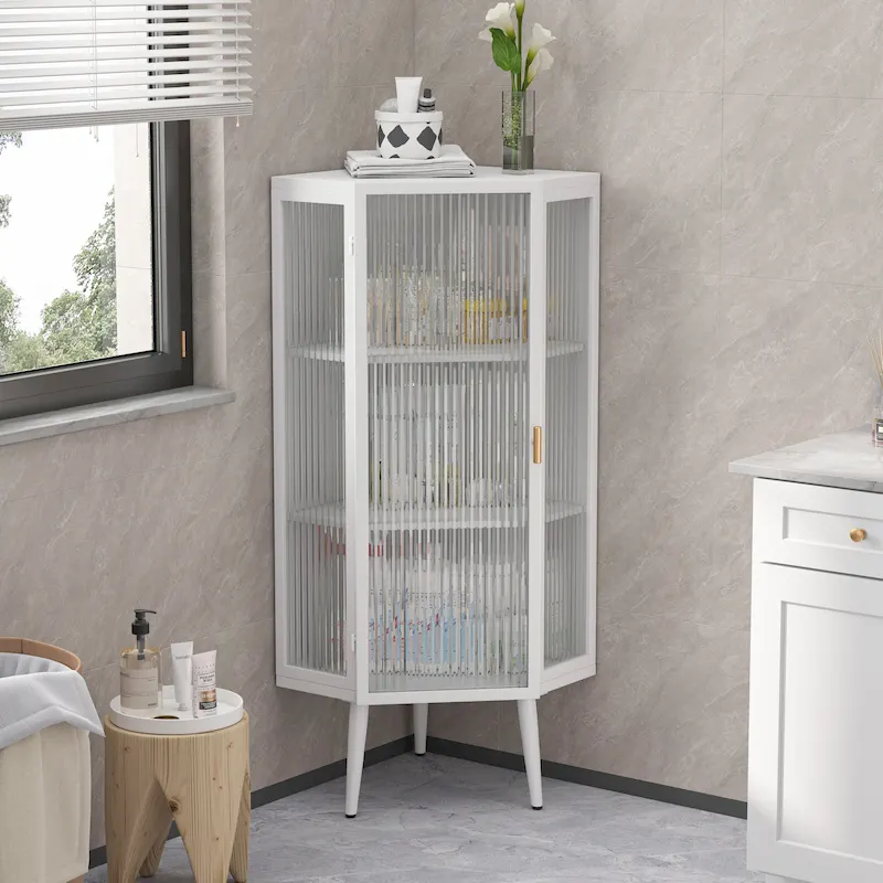 Floor Coner Cabinet, 3 Tiers with Tempered Glass Doors and Storage Shelves