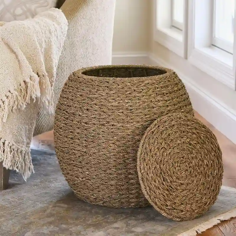 Household Essentials Handwoven Barrel Wicker Storage Basket Side Table - 17.0L x 17.0W x 19.0H