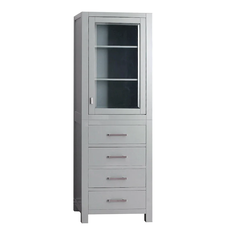Chilled Gray Linen Tower with Glass Door, 4 Drawers & 2 Adjustable Shelves