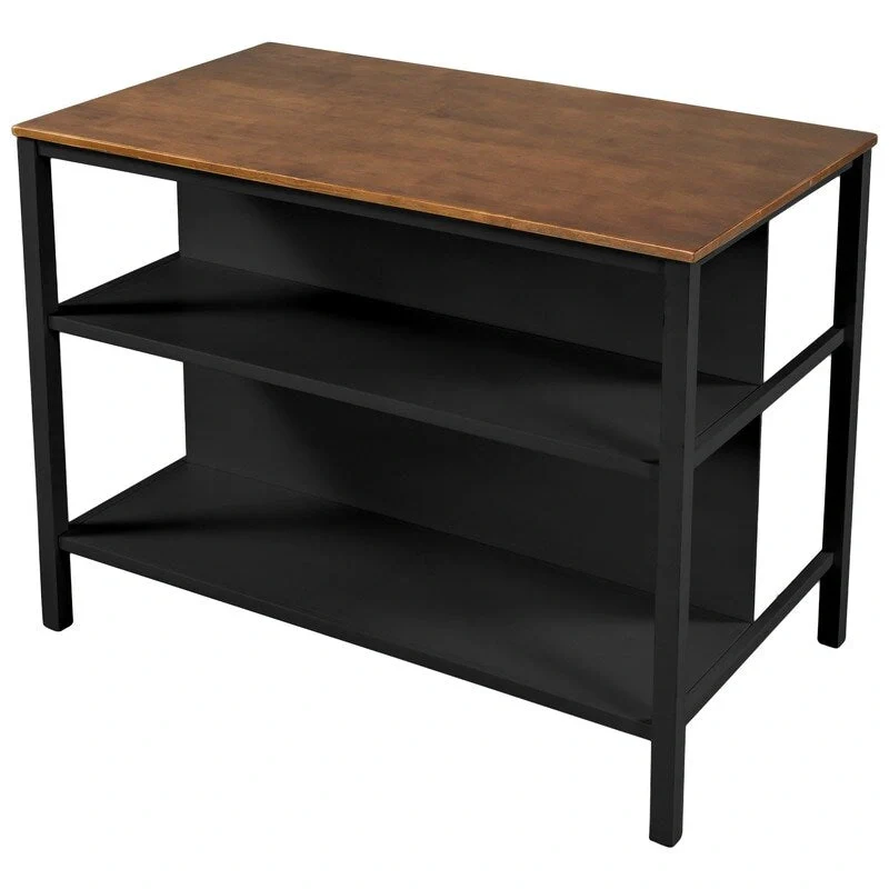 Solid Wood Rustic 45-Inch Fixed Kitchen Island, Rubberwood Butcher Block Dining & Prep Table With Two Open Shelves .
