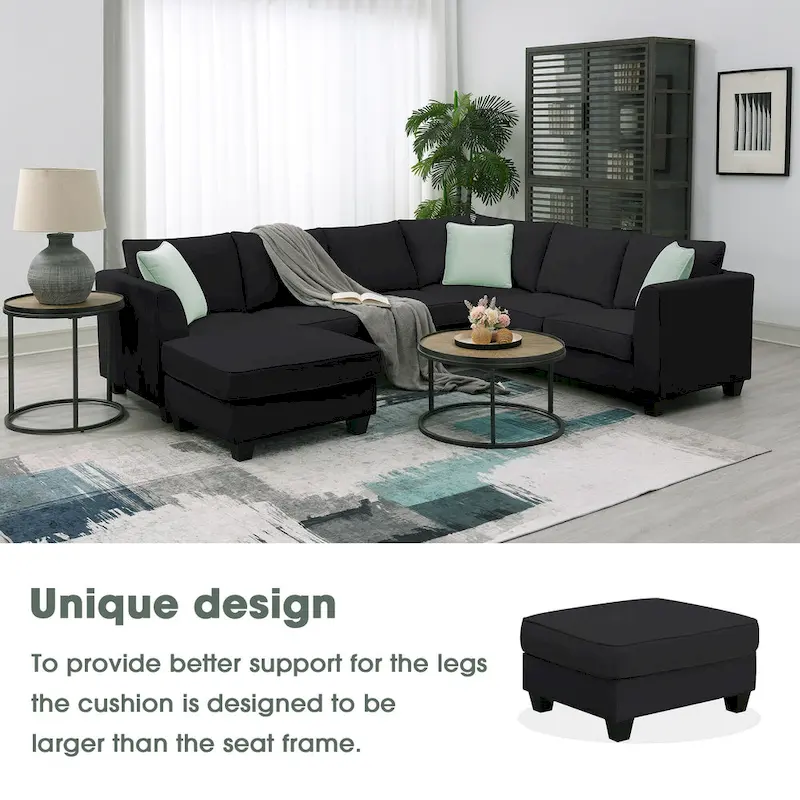 112*87  Sectional Sofa Couches Living Room Sets 7 Seats Modular Sectional Sofa with 3 Pillows, Black