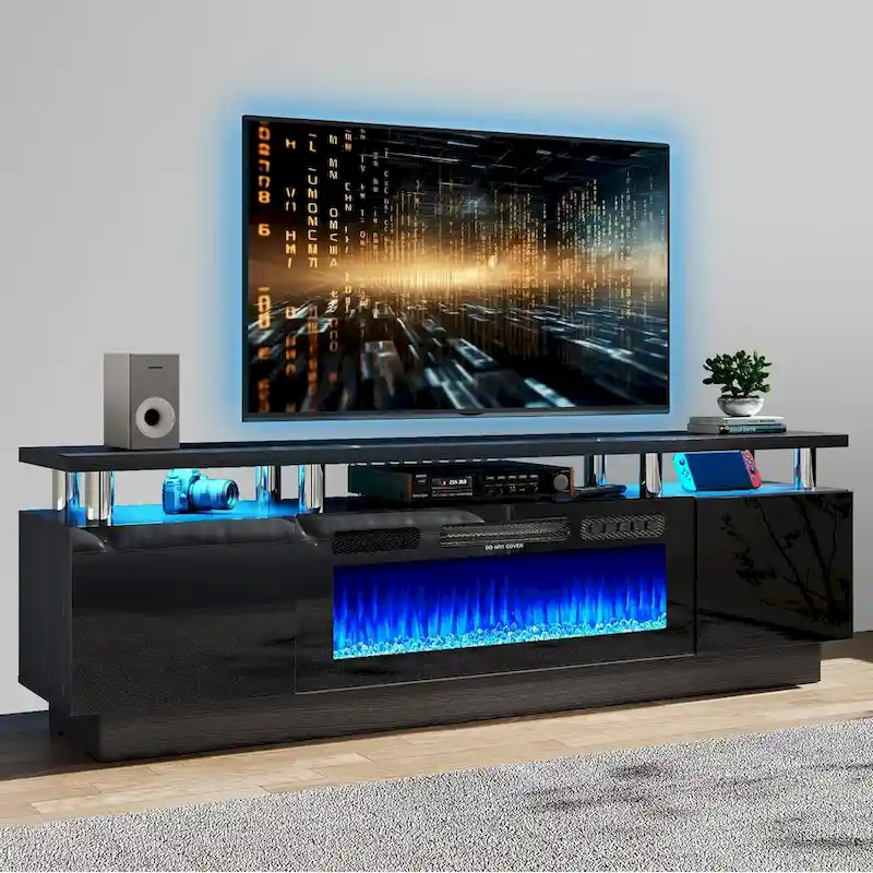 70" TV Stand with 36" Electric Fireplace, White/Black, LED Lights, Adjustable Shelf