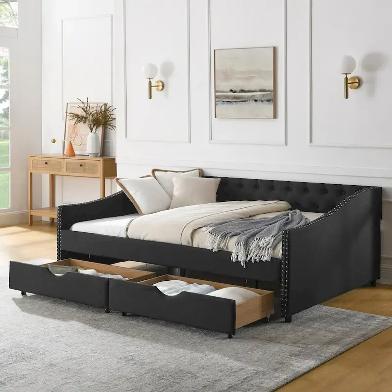 Full Size Daybed with Drawers Upholstered Tufted Sofa Bed, with Button on Back and Copper Nail on Waved Shape Arms