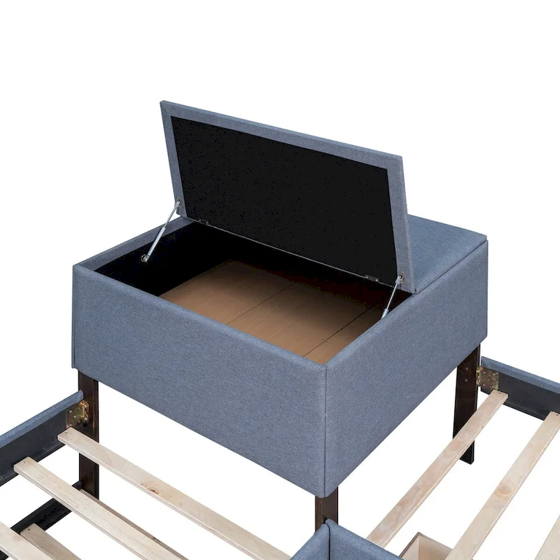 L-shaped Upholstered Platform Bed with Trundle and Two Drawers Linked with Built-in Desk