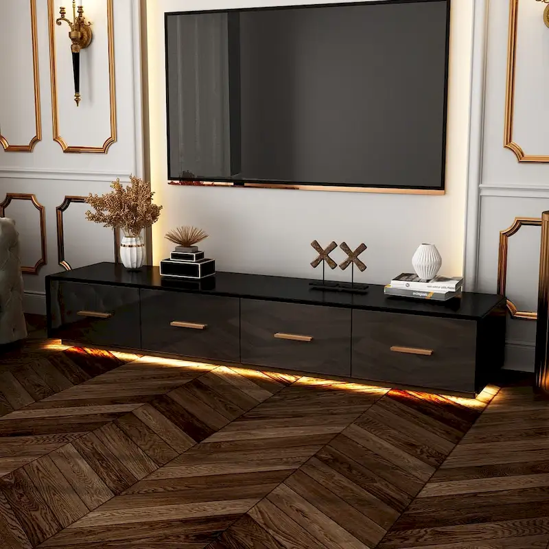 Black Entertainment Center Spacious Luxurious TV Stand Golden Accents