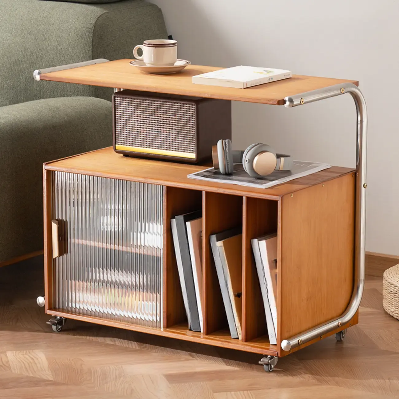 Flexible Wooden Metal Mobile Side Table with Storage