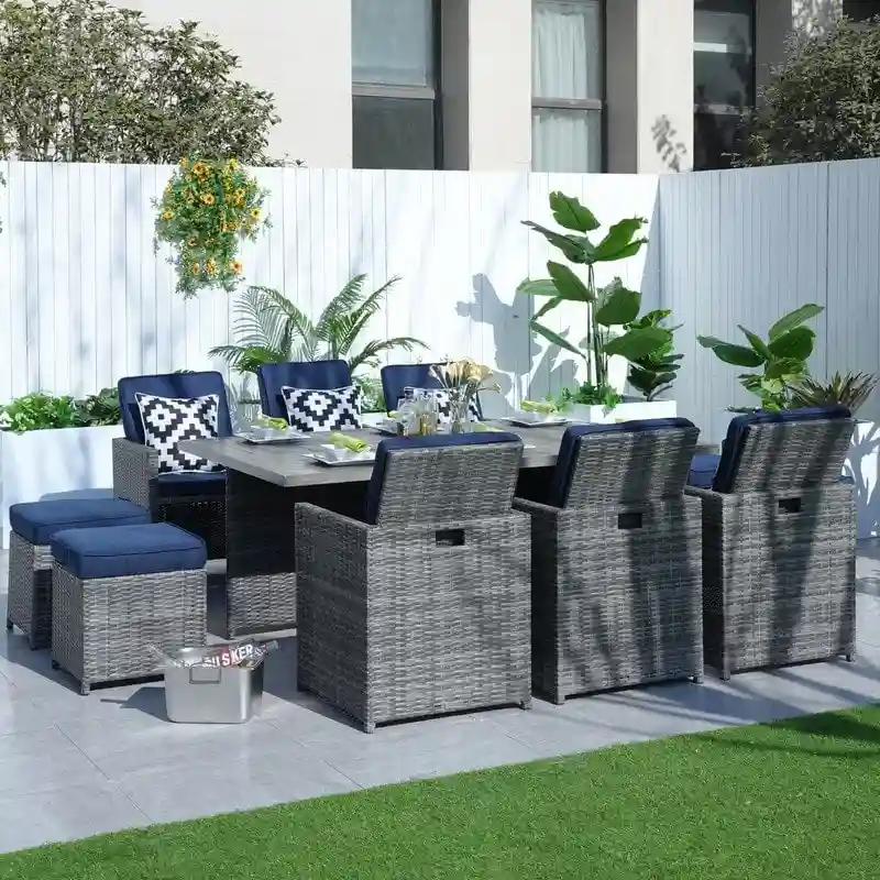 11-Piece Patio Wicker Aluminum Dining Table Set w/ Chairs and Ottomans