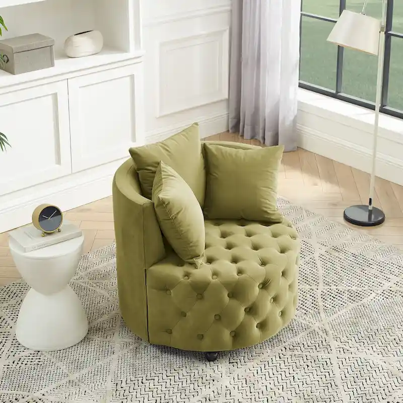 Living Room Velvet Swivel Chair with Button Tufted Design, 3 Pillows & Movable Wheels