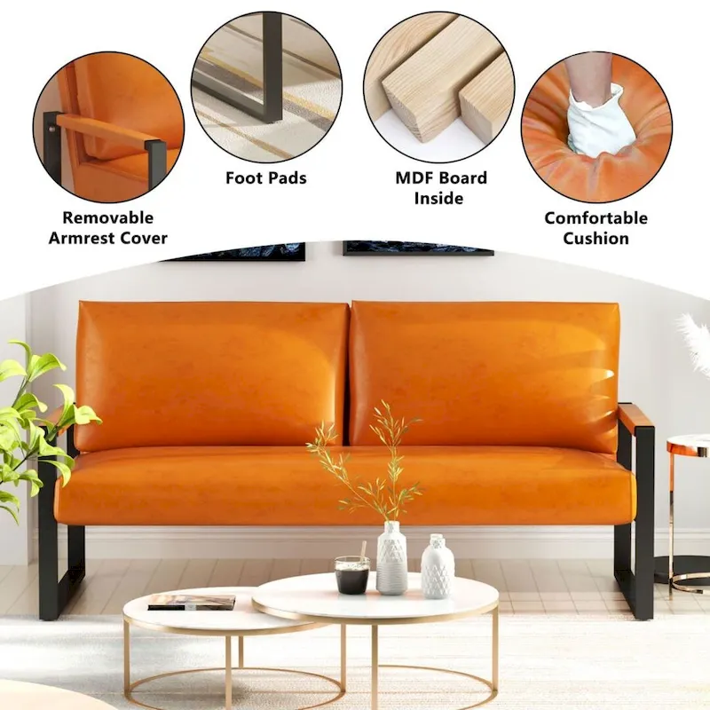 Mieres Mid-Century Style Faux Leather Loveseat Sofa with Steel Frame