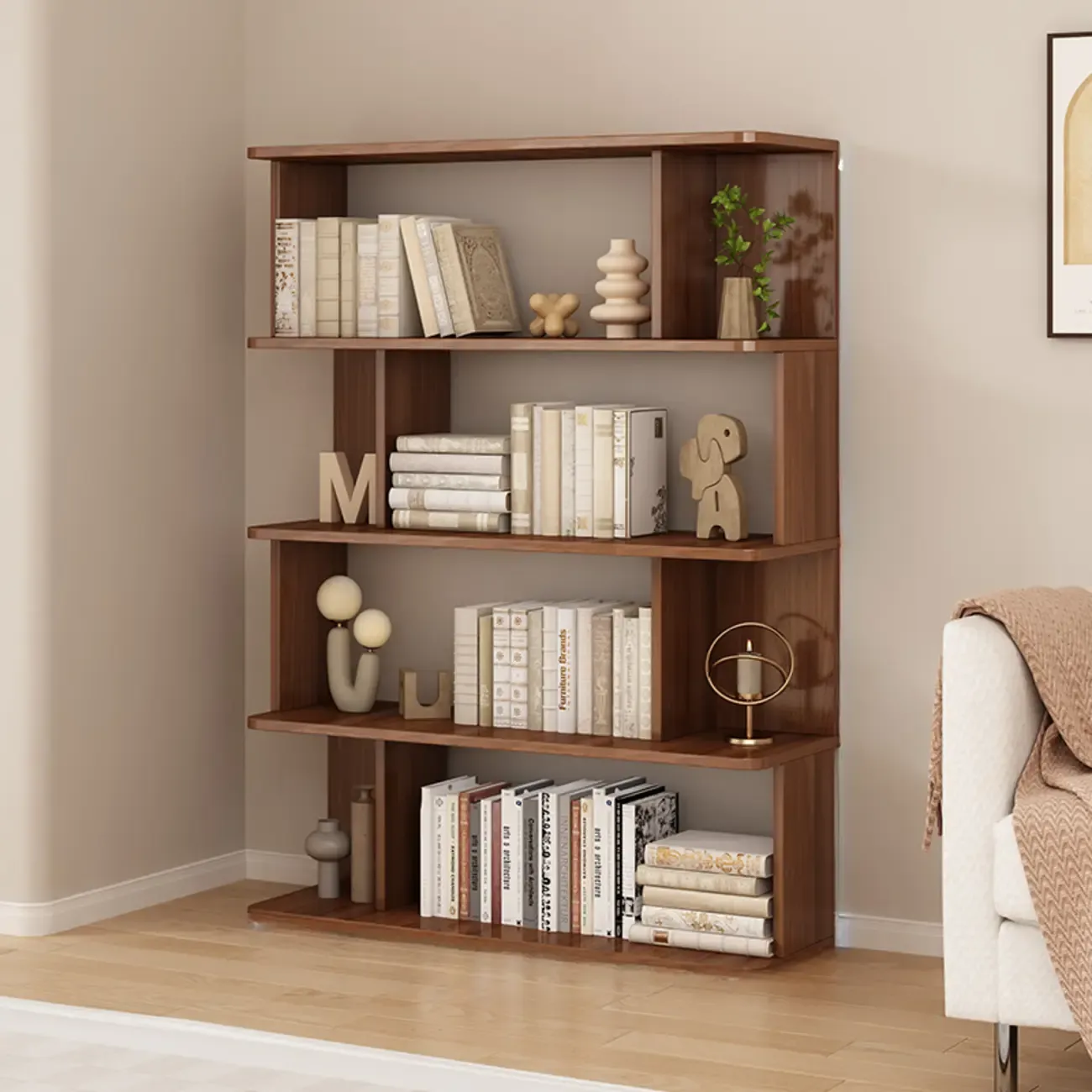 Mid-Century Vertical Walnut Wood Bookcase Open Back