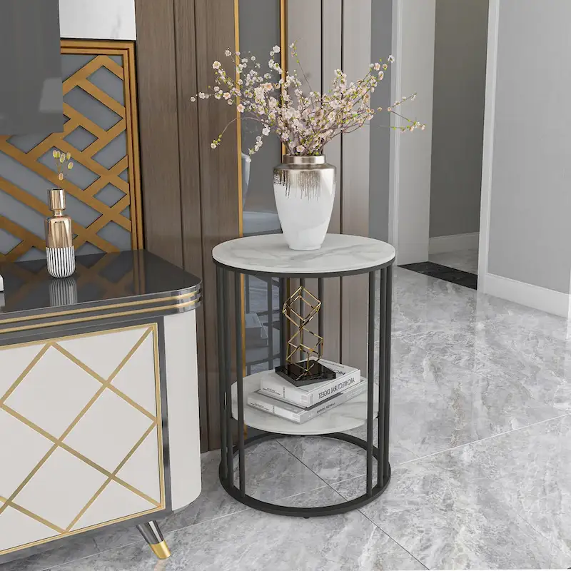 2 Tier Round Sintered Stone End Table Sofa Side Table with Golden Frame