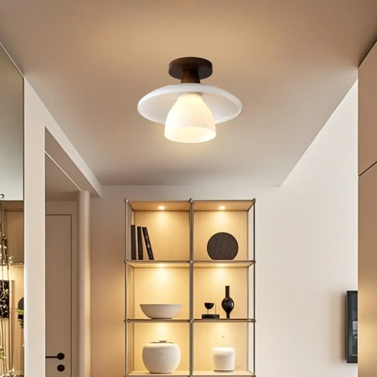 Modern Mini White Glass Wooden Semi Flush Mount Ceiling Light