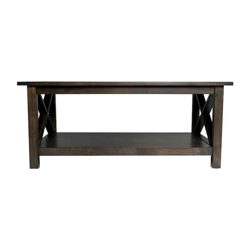 Farmhouse X-Frame Coffee Table with Shelf, Acacia Gray/Dark Gray/Walnut, Solid Wood