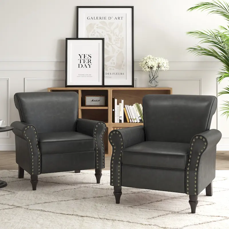 PU Leather Accent Chair, Brown/Black/Grey, Rolled Arms, Nailhead Trim, Set of 2, Seats 2