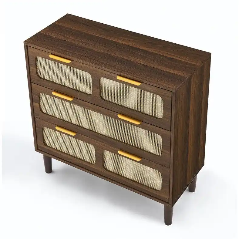 Grondin Mid-Century Modern Boho Style 3 Rattan Drawers Chest with MDF Frame and Solid Wood Legs, Chest of Drawers