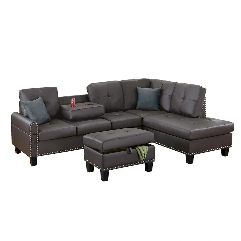 3 Piece Faux Leather Sectional Sofa Set with Storage Ottoman