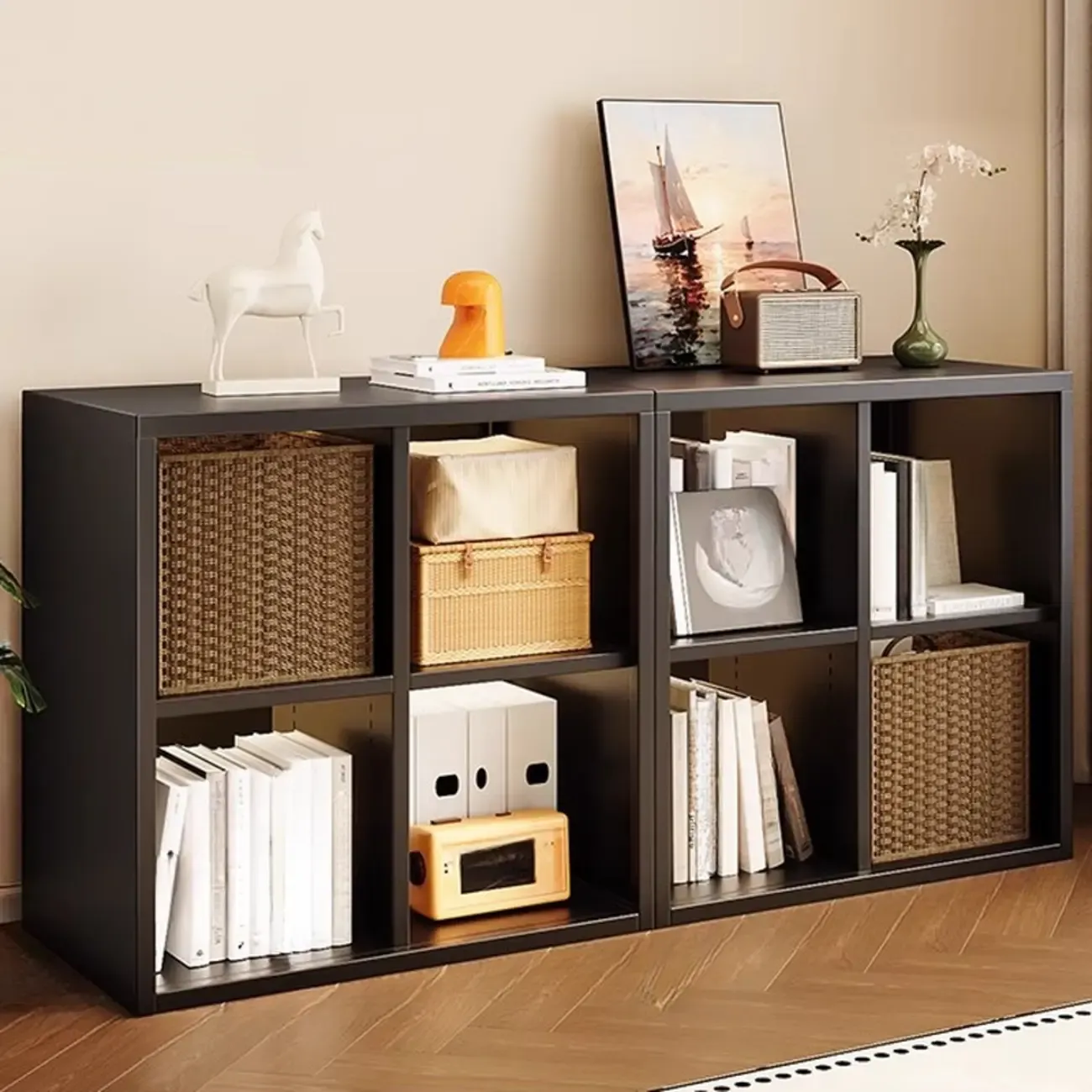 Modern Steel Cube Bookcase with Fabric Bins