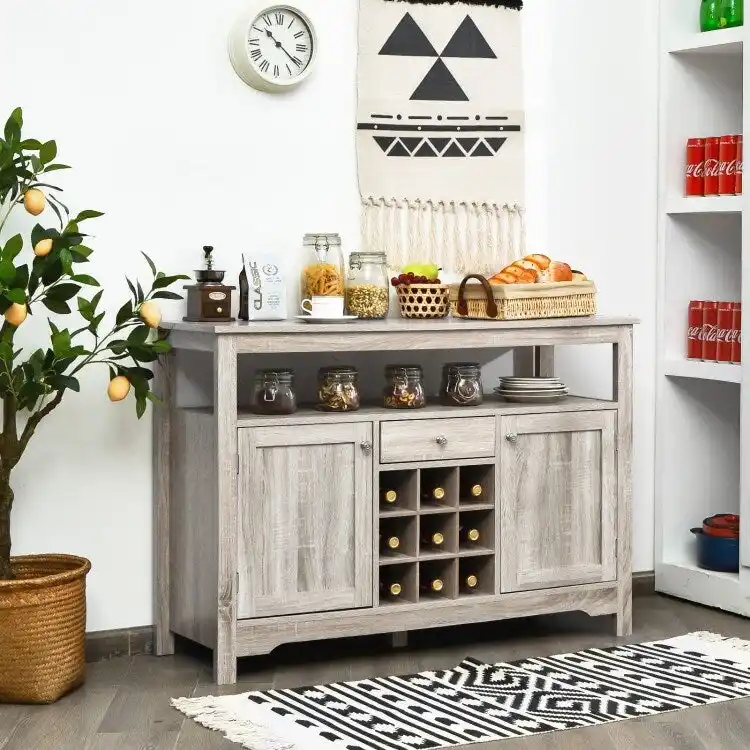 Gray Wine Bar Cabinet with Storage Drawers and Shelves