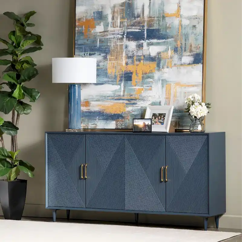 Navy Blue 4-Door Wooden Sideboard with Geometric Pattern & Gold Hardware
