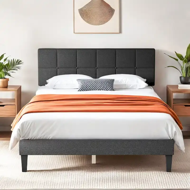 Bed Frame, Modern Platform Bed Frame with Adjustable Headboard, Geometric Upholstered Bed Frame 800LBS Sturdy Solid Wooden Slats