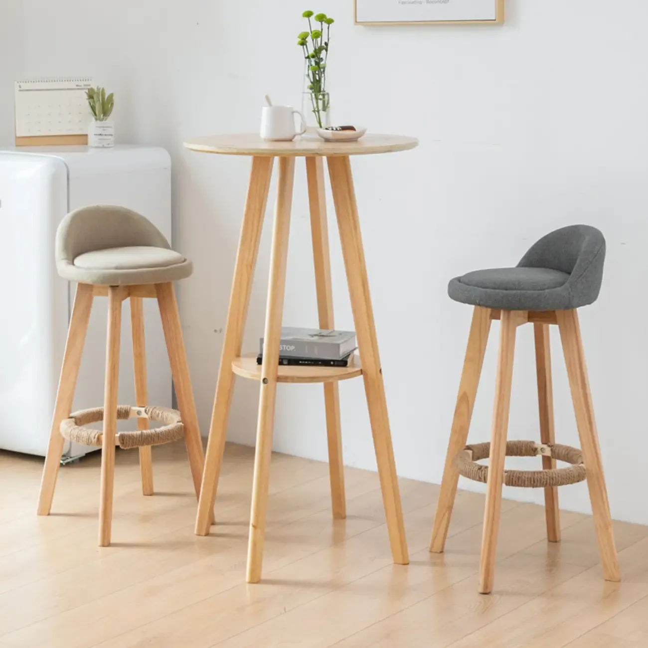 Nordic Wooden 36 inches Round Bar Table Set with Footrest