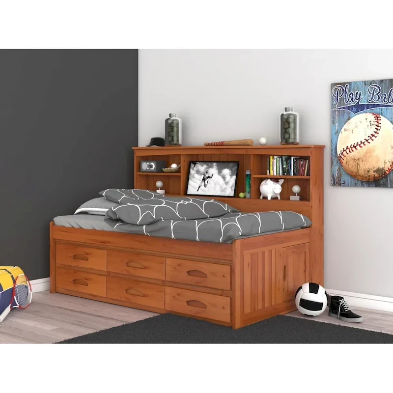 OS Home and Office Furniture Model , Solid Pine Twin Daybed with Six Drawers in Warm Honey