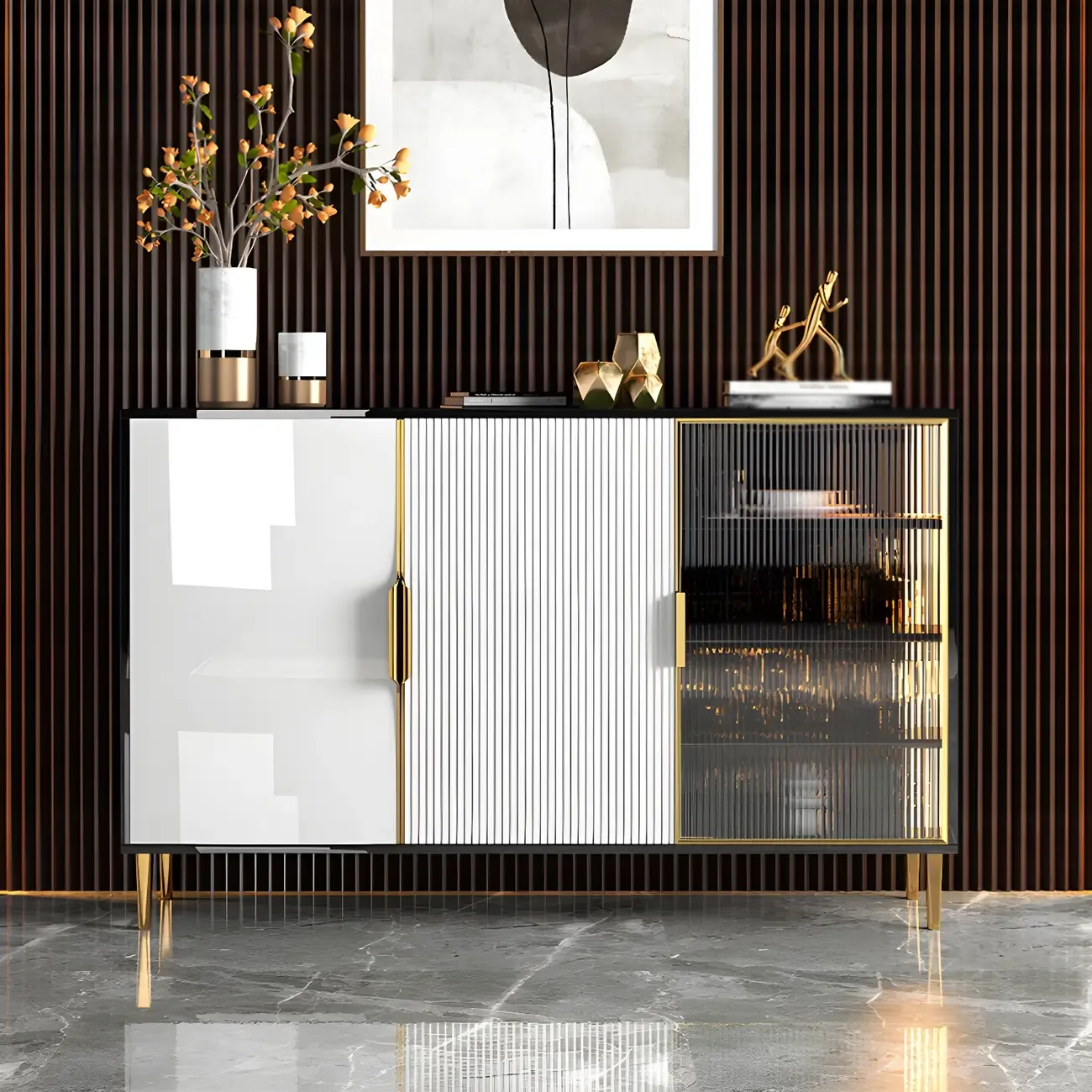 Glam High Gloss Wooden Buffet Sideboard with Cabinets