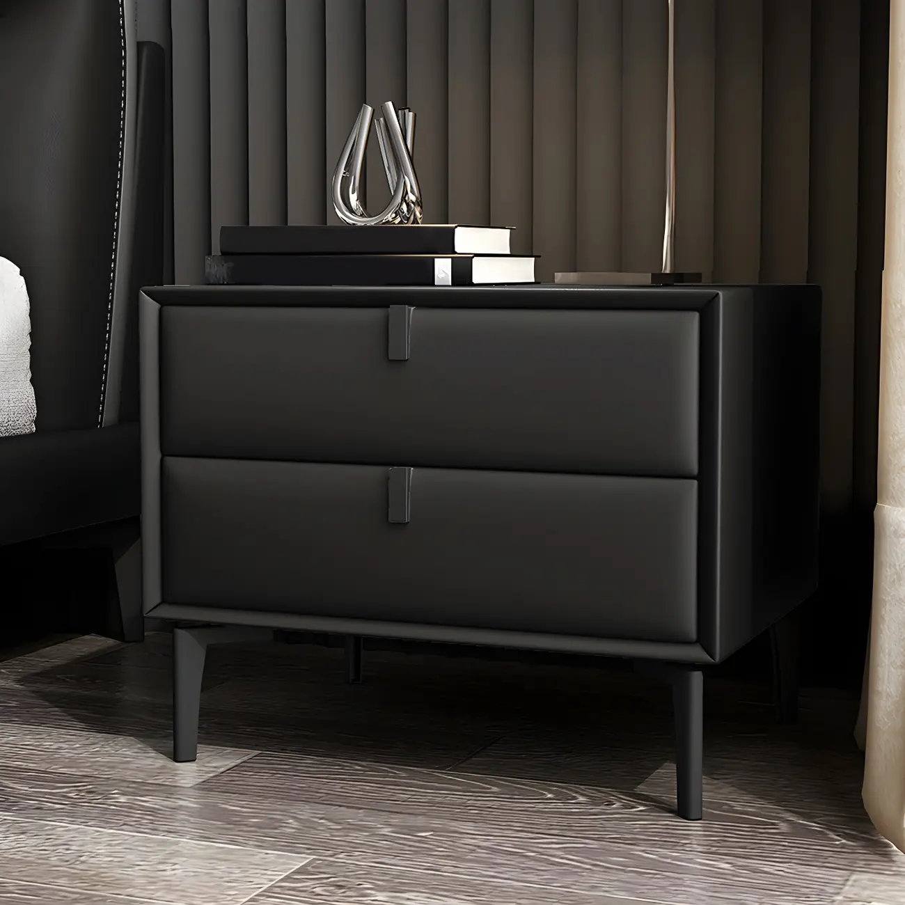 Modern Black Leather Bedside Table with Drawers