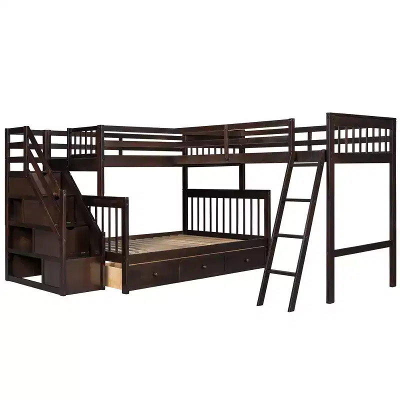 Stylish Design Twin over Full L-Shaped Bunk Bed With 3 Drawers, Ladder and Staircase